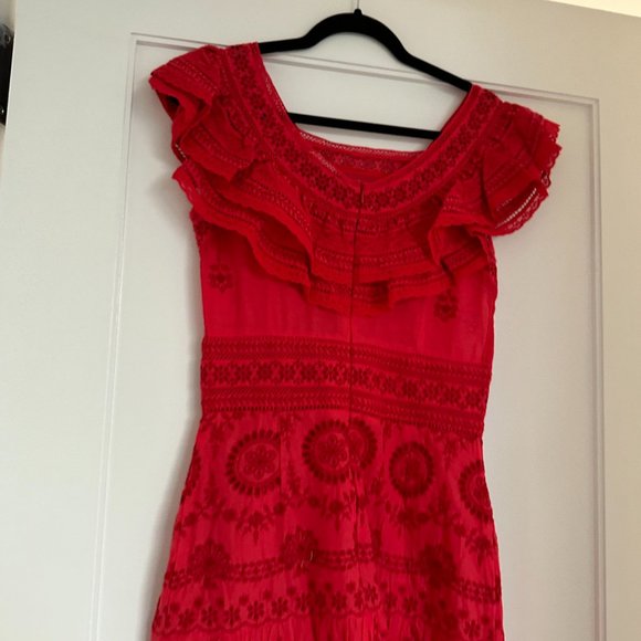 Sea New York Embroidered Midi Dress SZ 2 Red Eyelet Detail Flutter Sleeve - Picture 10 of 11